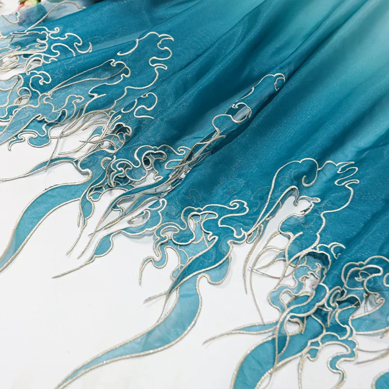 Sewing Fabric - 中国風刺繍蓮の葉グラデーション生地 DIY 漢服ドレススカートステージ衣装結婚式の服装デザイナー縫製布