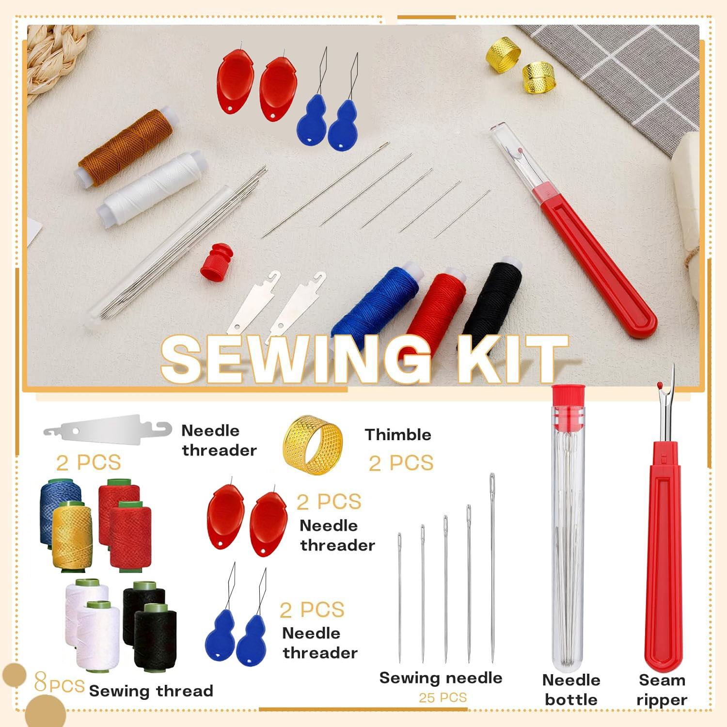 Sewing Repair - 43個入りビッグアイ縫い針キット、家庭必需品、硬鋼縫製アクセサリー、DIYクラフト必需品、家庭用衣類修理用品